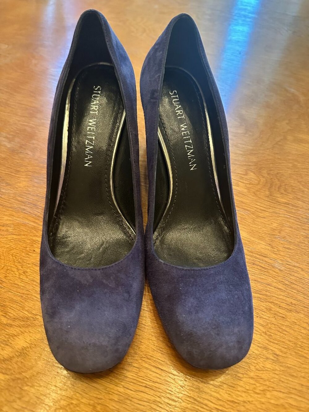 Stuart Weitzman Blue Suede Marymid blok heel pumps 7